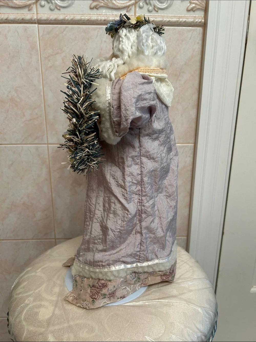 Classic Pink and Cream Santa Holiday Figure with Wreath